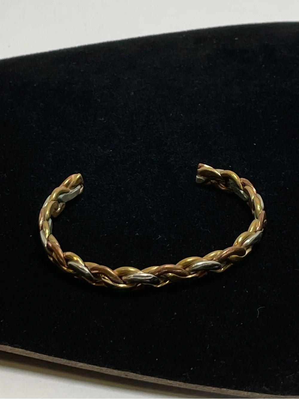 Vintage Artisan Crafted Braid Multicolor Tri Color Metal Coppery Cuff Bracelet